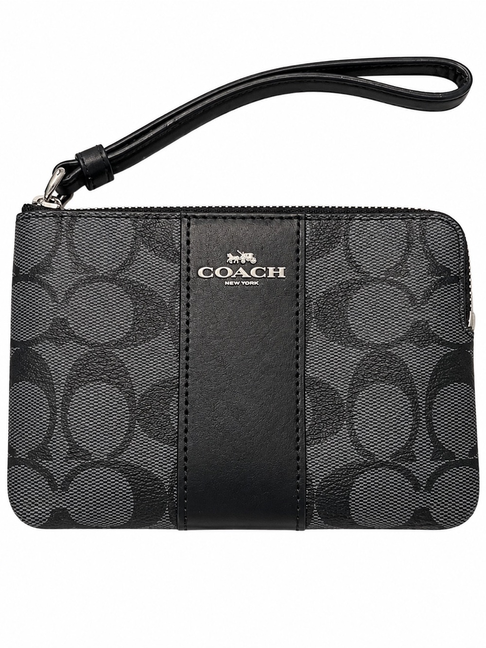 Coach Black Signature Canvas Wristlet with Center Leather Stripe